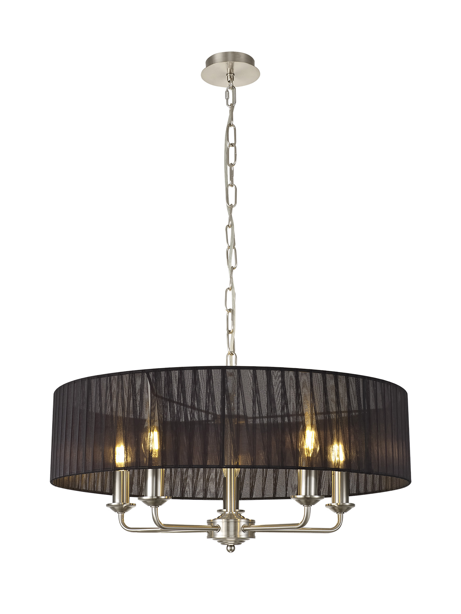 DK0876  Banyan 5 Light Multi Arm Pendant With 60cm x 15cm Organza Shade Satin Nickel/Black